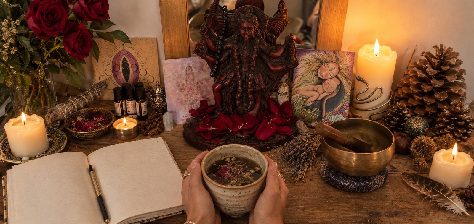 Hands holding herbal tea at a candlelit altar with an open journal