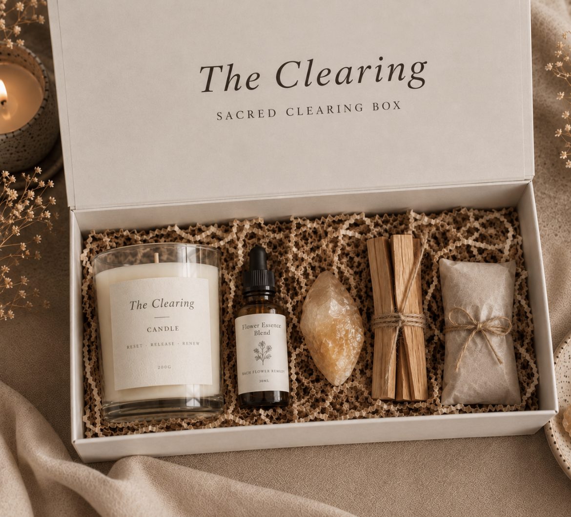The Sacred Clearing Box, open, with a candle, flower essence blend, citrine, palo santo and a sealed parcel