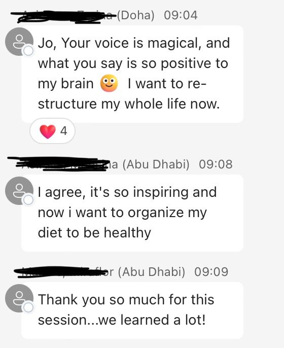 Group chat messages thanking Jo after a session