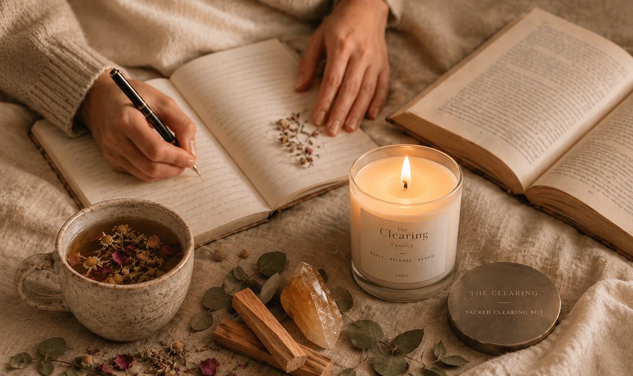 A lit candle, herbal tea, palo santo and an open journal